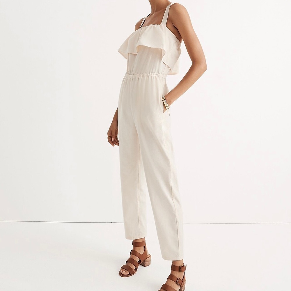Madewell Cream Apron Ruffle Jumpsuit